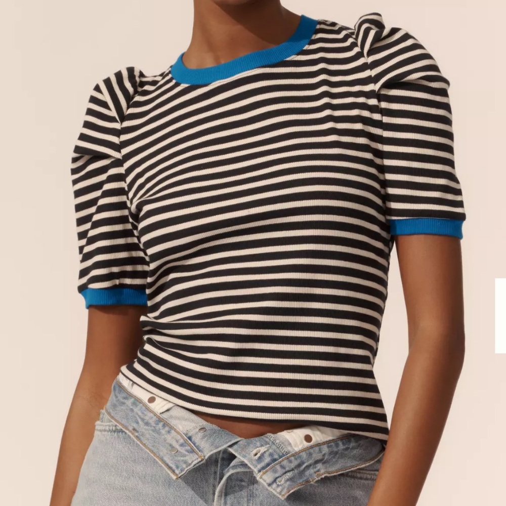 Striped Black and White Top with Blue Accents